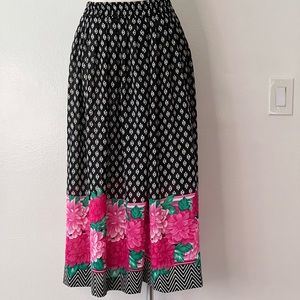 Navy & White Printed Skirt with Pink Floral Band and Elastic Waist